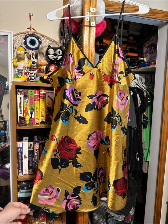 Other - Gold Satin Floral Slip Dress with Pink & Red Roses